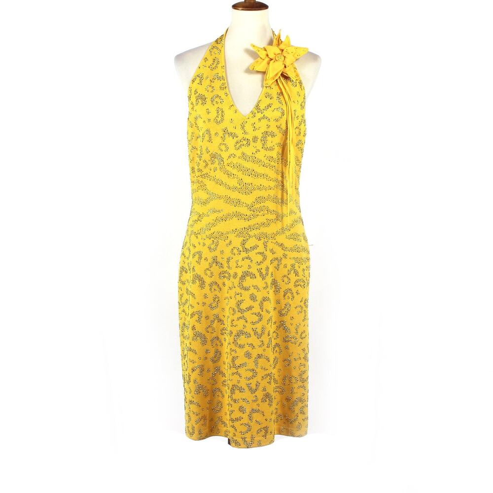 St. John Evening Halter Dress Yellow Santana Knit Sleeveless Embellished Size 12